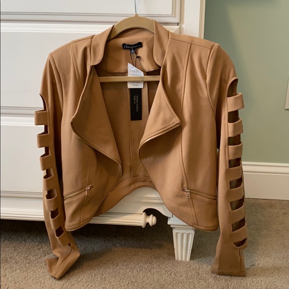 Camel colored jacket with cut out sleeve design